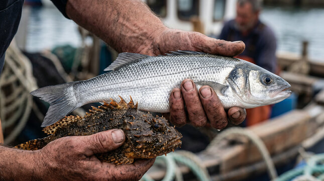 The Parable of the Net. Fishermen sitting on the shore, sorting a massive catch, keeping the good fish in baskets and throwing the bad away