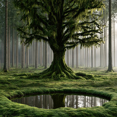 Fototapeta premium Ancient forest with moss covered tree, tranquil pond, misty atmosphere, sunlight filtering, serene, natural beauty