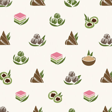 Seamless background pattern featuring traditional Asian desserts like Klepon, Kue Lapis, and coconut sweets in linocut style. Ideal for bakery packaging, menus, and wrapping paper.