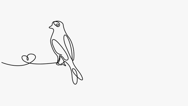 Continuous single line art drawing animation of three birds on branch with heart shape