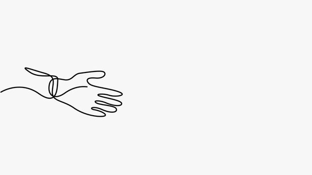 Continuous single line art drawing animation of two hands with heart on white background