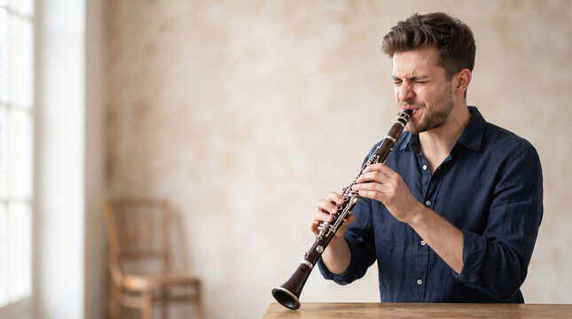 Clarinet player performing german folk music culture oktoberfest at home with focused emotion