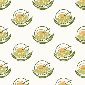 Seamless background pattern featuring traditional Indonesian Serabi Kuah dessert. Green pandan pancakes with sweet coconut palm sugar sauce on a leaf. Ideal for culinary packaging and menu design.