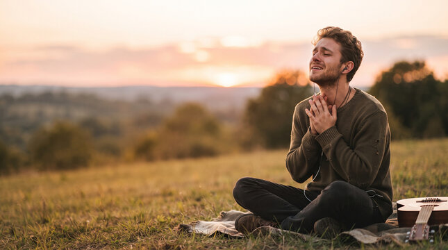 German folk music culture oktoberfest man singing outdoors at sunset in field with guitar and calm expression