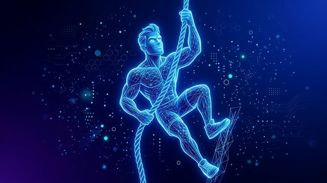 Digital Wireframe Athletic Man Climbing Rope with Glowing Plexus Background, Futuristic Sports Technology and Determination Concept