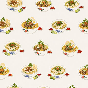 Seamless background pattern featuring traditional Indonesian Soto soup in vintage bowls with meat, egg, lime, and sambal. Perfect for restaurant menus and packaging.