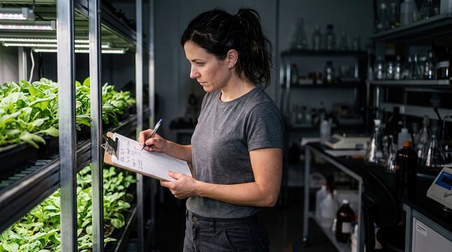Researcher meticulously documenting the developmental progress of organic seedlings within a sophisticated controlled environment laboratory setting for botanical advancement
