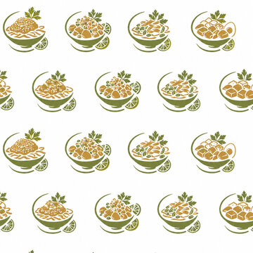 Rustic seamless pattern featuring traditional Indonesian Soto or Asian noodle soup bowls. Hand-drawn linocut stamp style in earthy green and gold. Ideal for authentic food packaging and menu design.