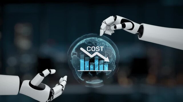 Futuristic robots interact with visual data displays, showcasing global cost analysis trends. A sleek design illustrates declining metrics, highlighting financial insights. Synapse