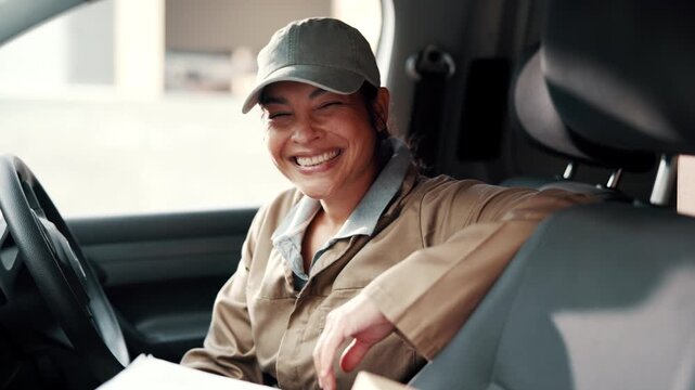 Face, woman and delivery driver in van with smile, shipping package and pride for supply chain job. Happy, female person and courier service in car with transport, ecommerce parcel and logistics.