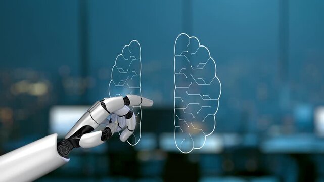 A robotic hand reaches towards a digital brain representing artificial intelligence in a modern office, symbolizing innovation, technology, and future possibilities. Synapse