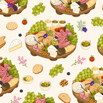 Elegant seamless pattern background featuring a wooden grazing board with cheese, prosciutto, grapes, and crackers. Perfect for deli menus and food packaging.