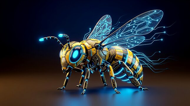 Futuristic Robotic Bee Concept with Glowing Blue Circuit Lines and Neon Wings, Artificial Intelligence Bionic Insect 3D Render