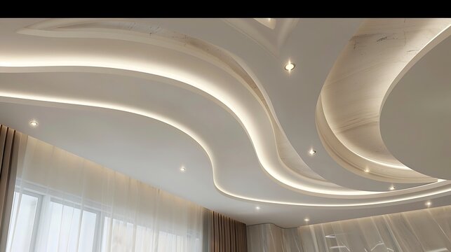 Contemporary interior design featuring a flowing multi-level curved plaster ceiling with integrated LED strip lighting and spotlights