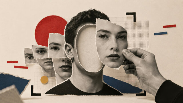 Deepfake deception concept with torn portrait faces, identity manipulation and fake person collage illustrating digital fraud