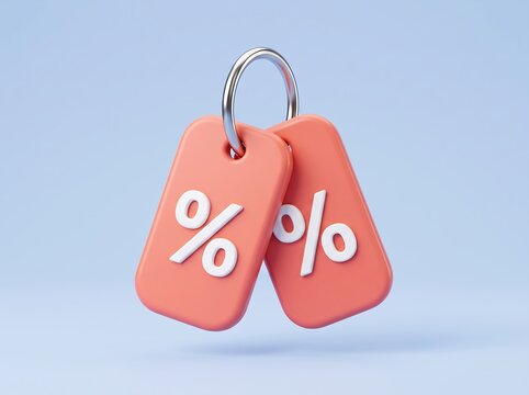 Double sale percentage tags hanging on a silver ring with discount percentage shopping business