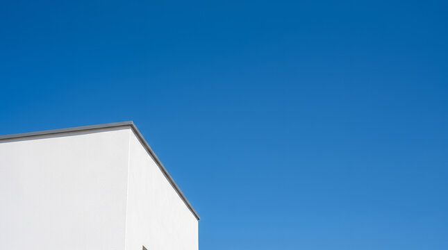 Corner of a white minimalist building against a deep blue clear sky