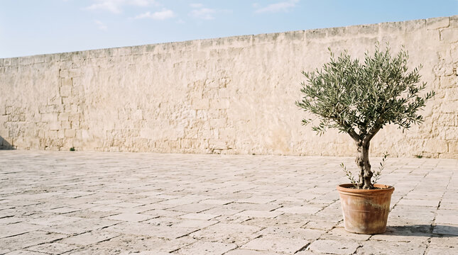Small olive tree in a terracotta pot on a sunlit limestone courtyard