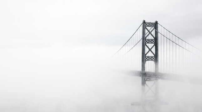 Suspension bridge tower emerging from thick fog in soft monochrome