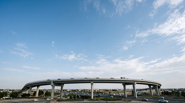 Curved elevated highway flyover carrying traffic under a wide blue sky