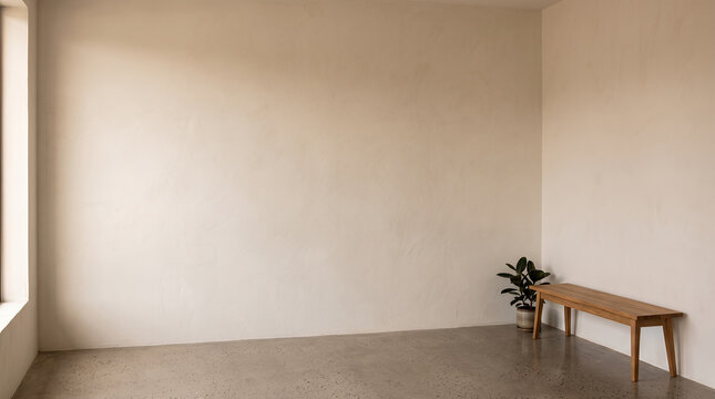 Empty plaster room with a wooden bench and potted plant in the corner