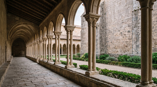 Gothic cloister gallery with slender columns overlooking a trimmed courtyard garden