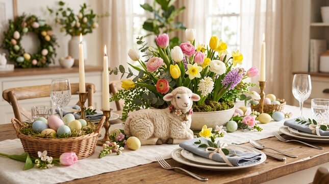 Elegant Easter table setting with spring flower centerpiece, lamb figurine, and pastel eggs for holiday dining