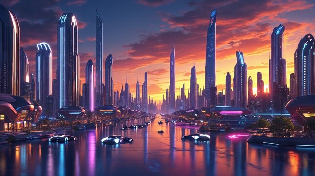 Futuristic cyberpunk city at sunset, neon sci-fi metropolis with flying cars and skyscrapers, high-tech urban landscape with purple and orange sky