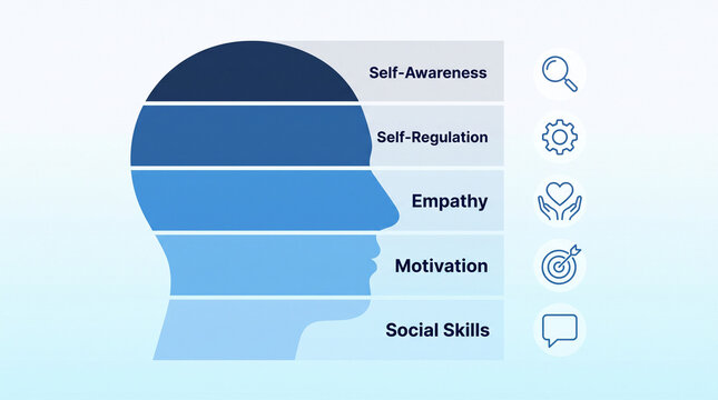 Emotional intelligence diagram with human head profile. Five components of EQ infographic.