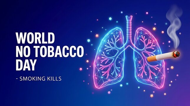 World No Tobacco Day Concept with Glowing Wireframe Lungs and Burning Cigarette, Anti Smoking and Health Awareness Background