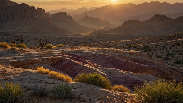 Creative composition of the sun is setting over the mountains - Generative AI