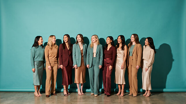 Group of nine diverse women standing in line smiling at teal background