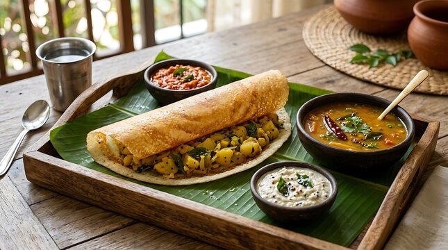 Traditional South Indian masala dosa served on a banana leaf with sambar and chutneys