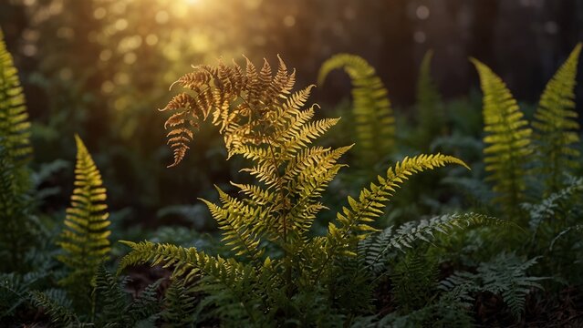 Creative composition of close up of fern plant in forest - Generative AI