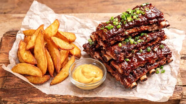 Smoked bbq pork ribs with golden potato wedges and mustard