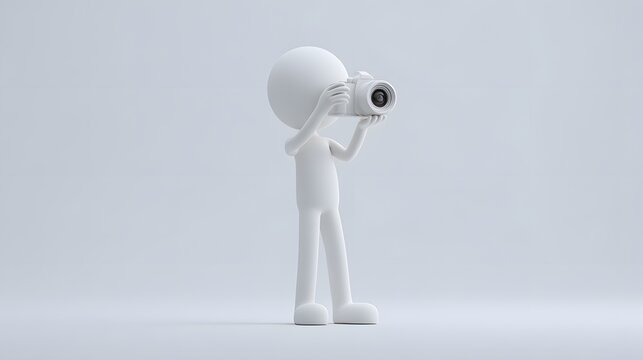 A white 3D stick figure character holding and looking through a digital camera.