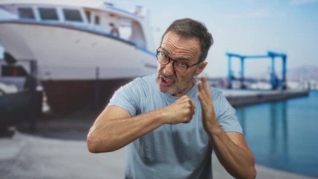Man middle age hispanic rubs hands together in studio with boat and dock backdrop while gesturing emphatically; determination focus.