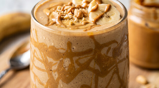 Rich Peanut Butter Banana Smoothie Topped with Banana Slices Chopped Peanuts and Drizzle Close-Up