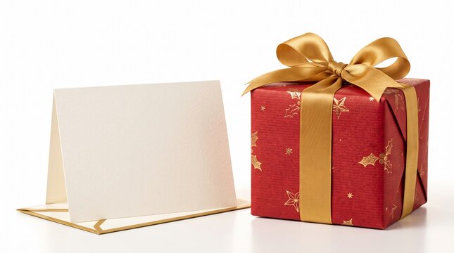 Red Gift Box with Gold Ribbon and Blank Card on White Background