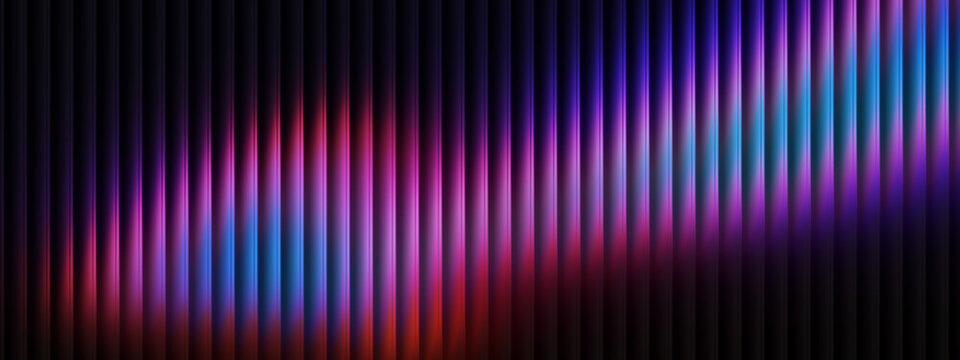 Neon ribbed fractal glass 3d lines on black background. Holographic vertical stripe pattern with vibrant purple blue white gradient. Abstract black bg, iridescent texture lines in radiant colors. 3D