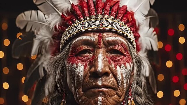 Close-up portrait of an elder Indigenous man with traditional face paint and headdress, representing