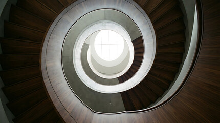 Fototapeta premium Spiral Staircase: A striking view of a modern spiral staircase, looking upwards into a bright, circular opening, emphasizing its architectural design and geometric beauty.