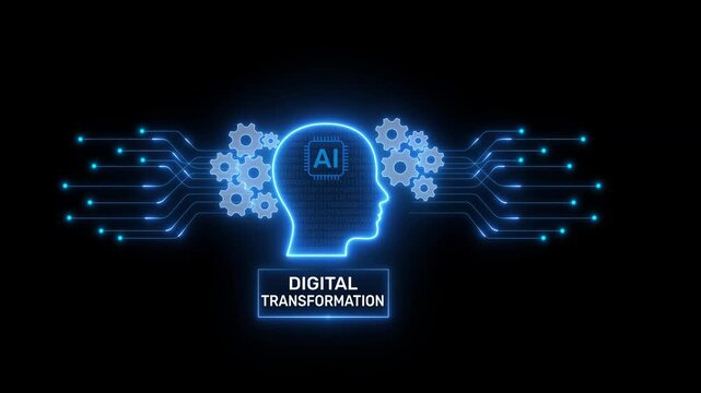 Digital Transformation Concept with Glowing AI Human Head Icon Connected to Circuit Network on Dark Futuristic Technology Background with Interface Graphics