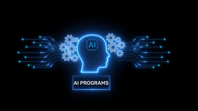 AI Programs Concept with Glowing Artificial Intelligence Human Head Icon Connected to Digital Circuit Network and Gear Elements on Dark Technology Background