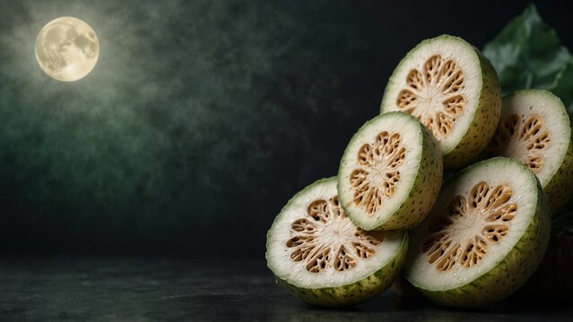Pile of sliced kiloa fruit on table, high quality conceptual artwork - Generative AI