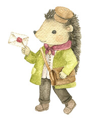 Watercolor hedgehog carrying a sealed letter. Hand painted vintage woodland character for fairy tale books, storybook illustrations, nursery decor, children's stories and magical adventures. © Evgeniia