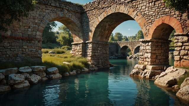 Creative composition of stone bridge over body of water - Generative AI