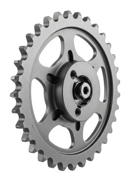 Single metallic steel gear sprocket wheel for industrial mechanical engine transmission system isolated on transparent background
