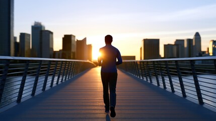 Fototapeta premium Silhouette of a person jogging on a bridge at sunrise with a cityscape backdrop