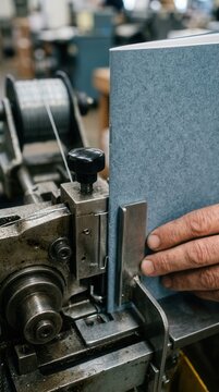 Manual Booklet Stapling and Professional Print Production in a Traditional Industrial Workshop Setting